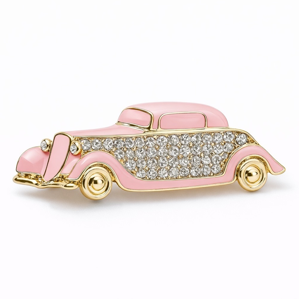 Elegant Pink and Gold Vintage Car Brooch